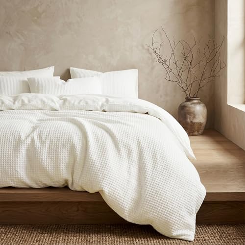 DCSKY Cotton Duvet Cover Twin,100% Cotton Waffle Weave White Duvet Covers Twin Size,Luxury Textured & Breathable 2pcs with 1 Pillow Shams for All Season 68x90 Inches DCSKY