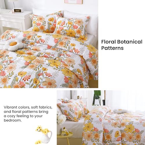 Mooreeke Floral Duvet Cover Twin Size, 2 Piece Pink & Yellow Flower Patterned Duvet Cover Set with Zipper Closure, Soft & Breathable Microfiber Bedding Set with 4 Corner Ties and 1 Pillow Sham Mooreeke