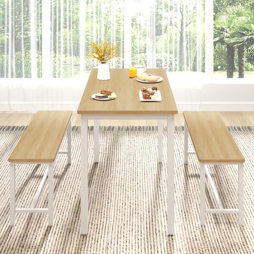 Rovibek 43" Dining Table Benches Set for 4, Modern Space Saving Kitchen Table Chairs & Adjustable Feet Breakfast Table 2 Benches, Wooden Industrial Style Farmhouse, White Rovibek