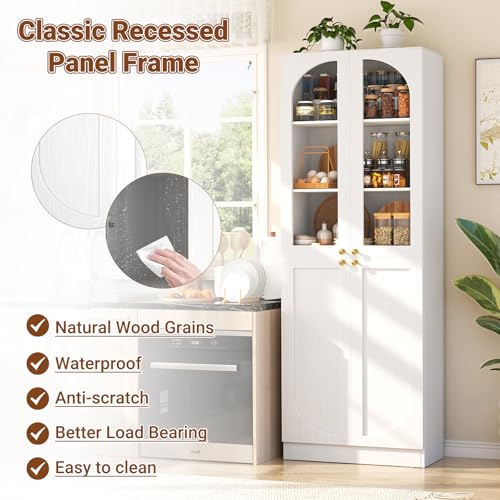 Cyclysio 80" Kitchen Pantry, Tall Arch Storage Cabinet with Tempered Glass Doors, Freestanding Wood Floor Cupboard Bookcase with Seamless Fit Wall for Dining Room, Living Room, Bathroom (White) Cyclysio