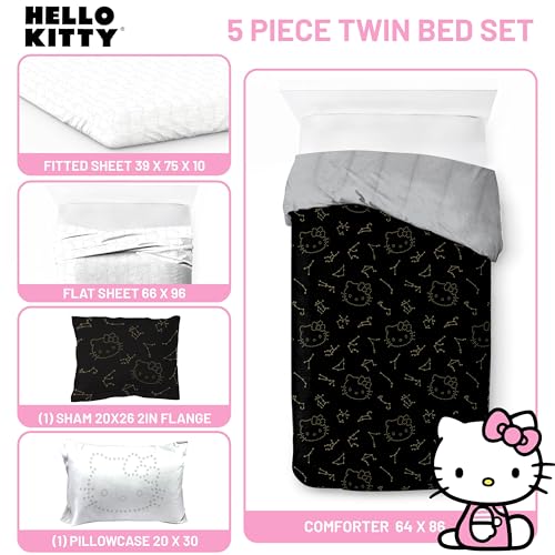 Jay Franco Hello Kitty Stars Twin Comforter Set - 5 Piece Bedding Includes Sheet Set & Pillow Covers - Super Soft Zodiac Black & Gold Bedding Jay Franco