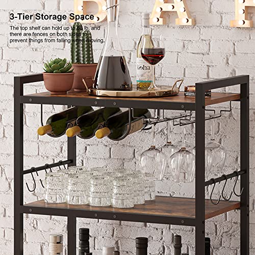 TUTOTAK Bar Cart, Serving Cart for Home, Microwave Cart, Drink Cart, Mobile Kitchen Shelf with Wine Rack and Glass Holder, Rolling Beverage Cart BC01BB030 TUTOTAK
