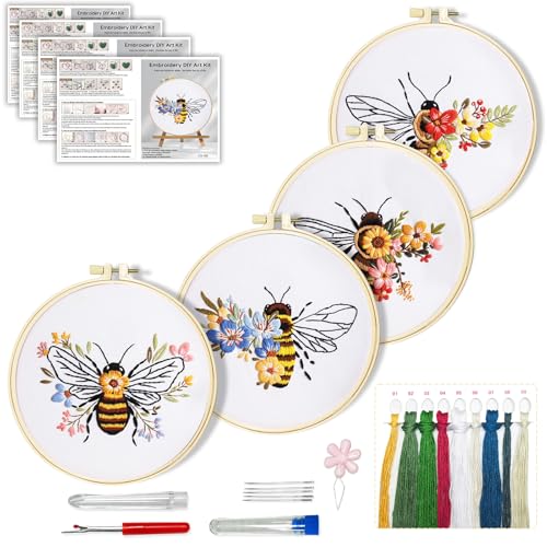 Huacan Embroidery Kit for Beginners Adults Includes Stamped Bee and Flower Pattern, Hoop, Color Threads,Tools,Easy to Follow Instruction