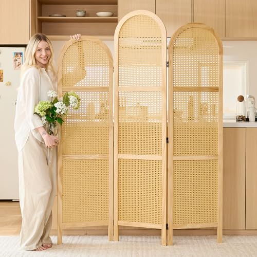 Svimi Folding Room Divider 3 Panels, 5.6 Ft Double Hinged Rattan and Pine Wood Privacy Screen, Freestanding Partition for Bedroom, Living Room, Home Office Decor (Natural-Wave, 3 Panels) Svimi