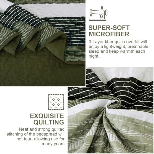 Quilt Set Queen Size Sage Green Striped Bedding Set 3 Piece Lightweight Bedspreads Coverlets Set Soft Microfiber Summer Striped Quilts With 2 Pillowcases All Season Patchwork Comforter Set 96"×90" Djoymock