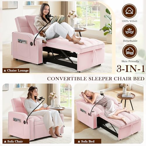 SLEERWAY 3-in-1 Convertible Futon Sofa Bed Chair, Multi-Functional Sleeper Chair Bed with Pull Out Couch and Adjustable Backrest, Modern Velvet Chaise Lounge Armchair for Living Room Bedroom, Pink SLEERWAY