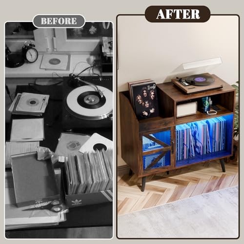 Loomie Large Rustic Record Player Stand with Power Outlet & LED Light, 350 Vinyl Record Storage Cabinet with Magnetic Door, Turntable Table with Wood Legs for Living Room (Rustic) Loomie