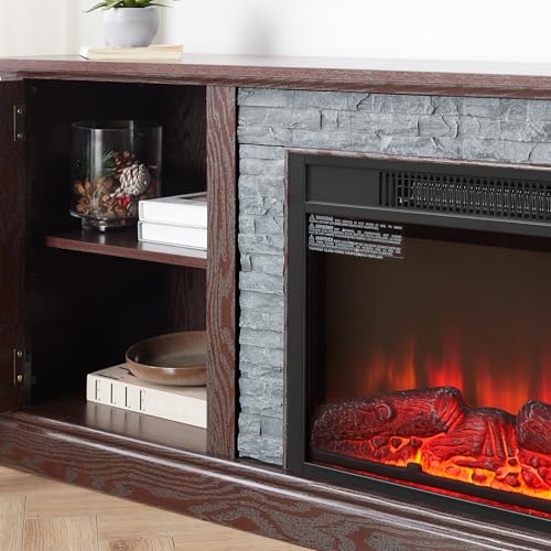 70" W Modern Electric Fireplace with Mantel, Fireplace TV Stand with Realistic Stacked Stone, 3D Flame Effect, Entertainment Center for TVs Up to 75", TV Console Table for Living Room (70" W & Cherry) Eyisean