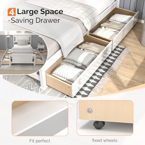 Bonnlo Twin Size Solid Wood Platform Bed Frame with 4 Storage Drawers, Single Bed with Headboard, No Box Spring Needed Panel Bed, Wood Slat Support Mattress Foundation, White Bonnlo