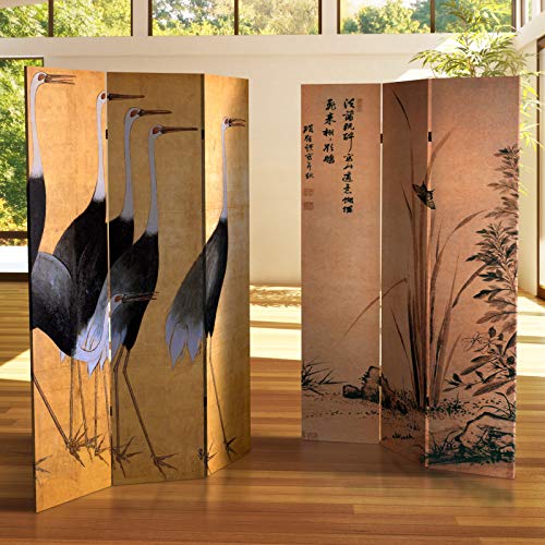 Red Lantern 6 ft. Tall Double Sided Cranes Room Divider 3 Panel Freestanding Folding Privacy Screen, Partition, and Separator for Modern and Contemporary Bedroom, Home Office, Studio, Dorm, Apartment Red Lantern