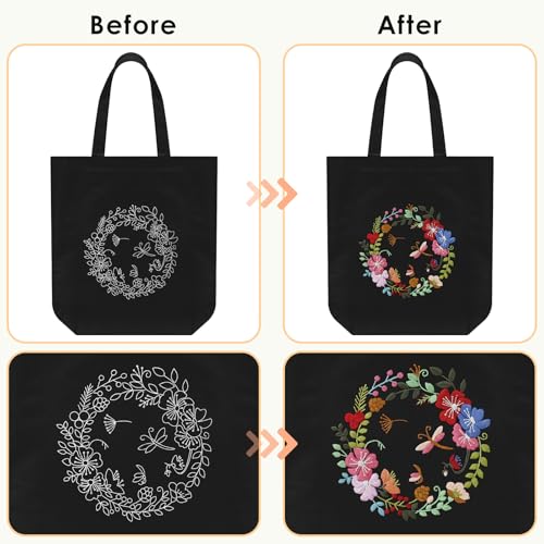 ERKOON Canvas Tote Bag Embroidery Kit for Beginners, Floral Arts Crafts Cross Stitch Kits for Adults Including Stamped Embroidery Bag with Hoops, Needle, Instruction and Color Threads(Wreath)