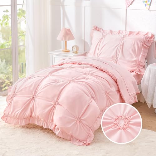 Wowelife Princess Toddler Bedding Set for Girls, Boho Toddler Bed Set, 4 Pieces Ruffles Jacquard Embroidery Toddler Comforter with Comforter, Fitted Sheet, Flat Sheet and Pillowcase, Pink Wowelife