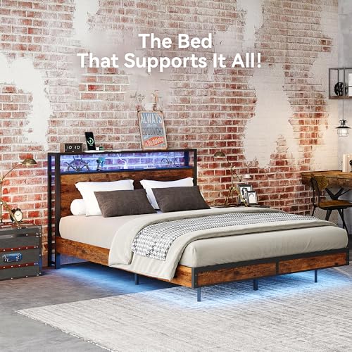 Queen Bed Frame with Storage Headboard and Charging Station, Metal Bedframe with LED Lights, Queen Size Platform Bed with Heavy Duty Slats, 100% Anti-Slip Mattress, No Box Spring Needed, Rustic Brown Susalt