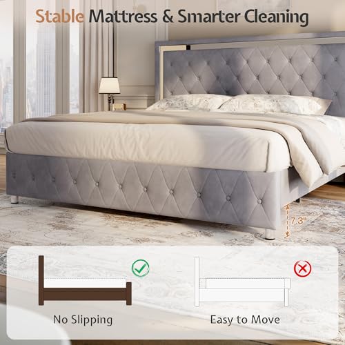Jocisland Full Bed Frame with LED Lights Headboard&Footboard, Velvet Upholstered Full Size Platform Bed Frame No Box Spring Needed/Light Grey Jocisland