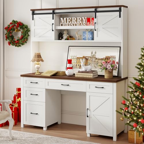 Farmhouse 67" H Executive Desk with Hutch,Office Desk with 5 Drawers, Computer Desks with Storage Cabinet & File Drawers and Charging Station, Workstation for Home Office and Study.(Unique White). Vabches