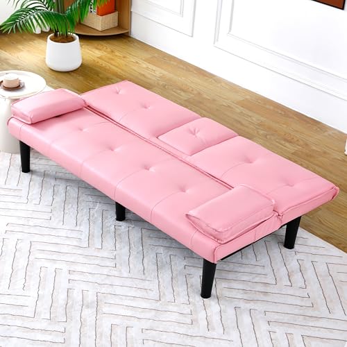 67-inch PVC Sofabed Convertible Sleeper Sofa Bed w/Cup Holders &3 Reclining Backrest Futon Sofa Bed Love Seat Couch Modern Small Couches for Small Spaces for Living Room Office Apartment (Pink) GOAWGO