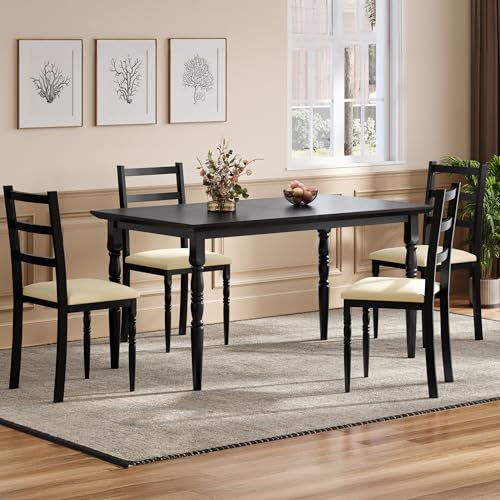 YITAHOME 5-Piece Dining Table Set for 4, Farmhouse Dining Room Table with Chairs Faux Leather Upholstered, Rectangular Kitchen Dinner Table Set for Small Spaces & Apartment, Black YITAHOME
