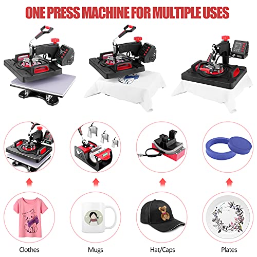 Heat Press 8 in 1, Pro Heat Transfer Machine 12"X15", Digital 360° Swing Away Tshirt Press Machine Combo, t Shirt Maker Printing Sublimation Heat Press Machine for T-Shirts Hat/Cap Mug Plate WOOKRAYS