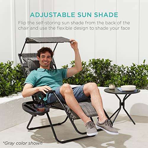 Best Choice Products Folding Zero Gravity Outdoor Recliner Patio Lounge Chair w/Adjustable Canopy Shade, Headrest, Side Accessory Tray, Textilene Mesh - Crimson Red