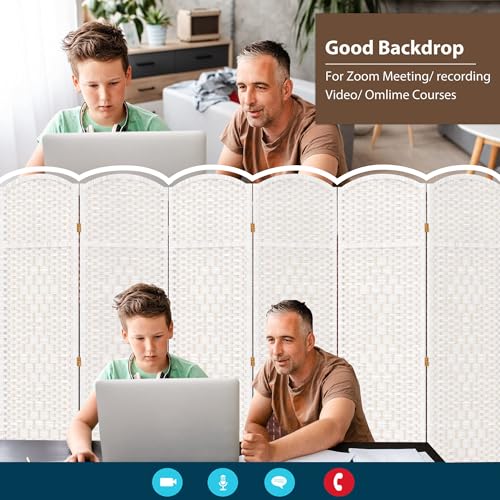 Duraspace 6 Panels Room Divider 6 FT Tall Weave Fiber Privacy Screen Freestanding Double Hinged Folding Screen Extra Wide Room Dividers for Patio Privacy (Off White) DURASPACE