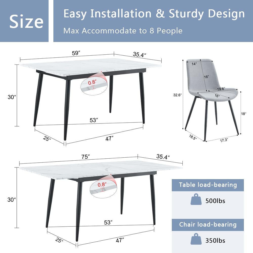 FURNITO 7 Piece Dining Table Set, 59"-75" Extendable Dining Room Table Set with 6 Upholstered Chairs, White Kitchen Table Chairs Set for Living Room, Apartment, Easy to Assemble FURNITO