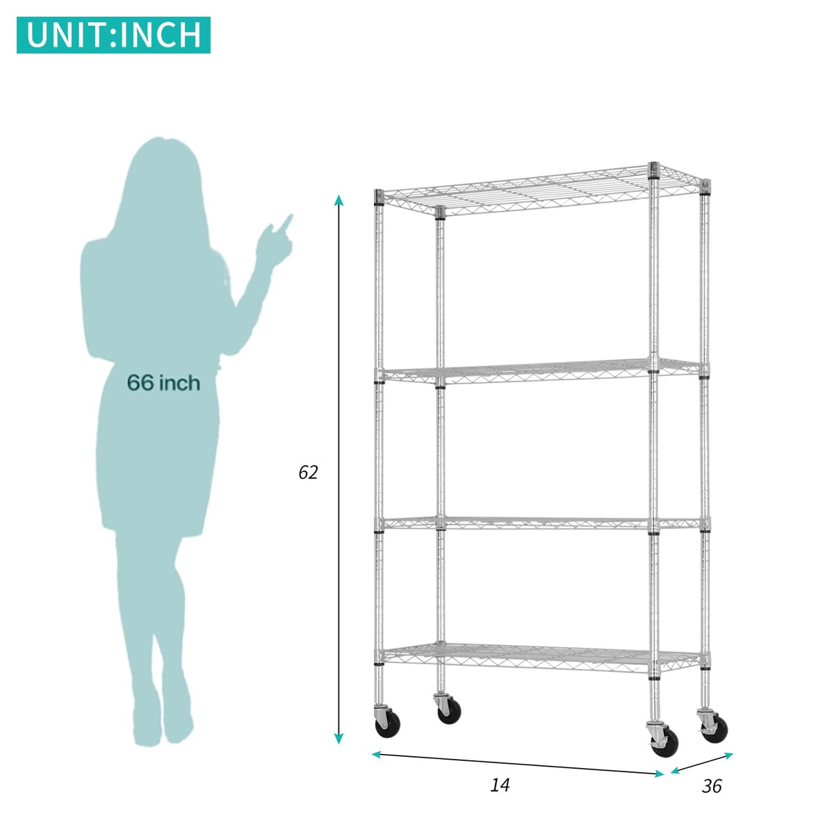 YRLLENSDAN Storage Shelves with Wheels, Heavy Duty 4 Tier Garage Storage Rack, Adjustable Wire Shelving Unit, Metal Shelf Organizer for Pantry, Kitchen, Basement, 36" W x 14" D x 62" H, Chrome YRLLENSDAN