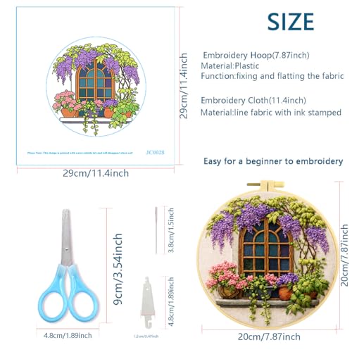 Zhenqing Wisteria by The Window Embroidery Kit for Beginners, Pre-Printed 29x29cm Cotton Fabric with 20cm Hoop, Cozy Vintage Window Design (JC0028