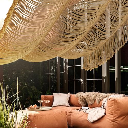 Macrame Curtain Boho Curtain Doorway Window Wall Decor Fiber Yarn Art Handwoven Wall Hanging Art Craftsmanship Home Door Bedroom Wedding Backdrop Arch,Closet Room Divider 59" W x 75" H (1 Panel,Khaki) Flber