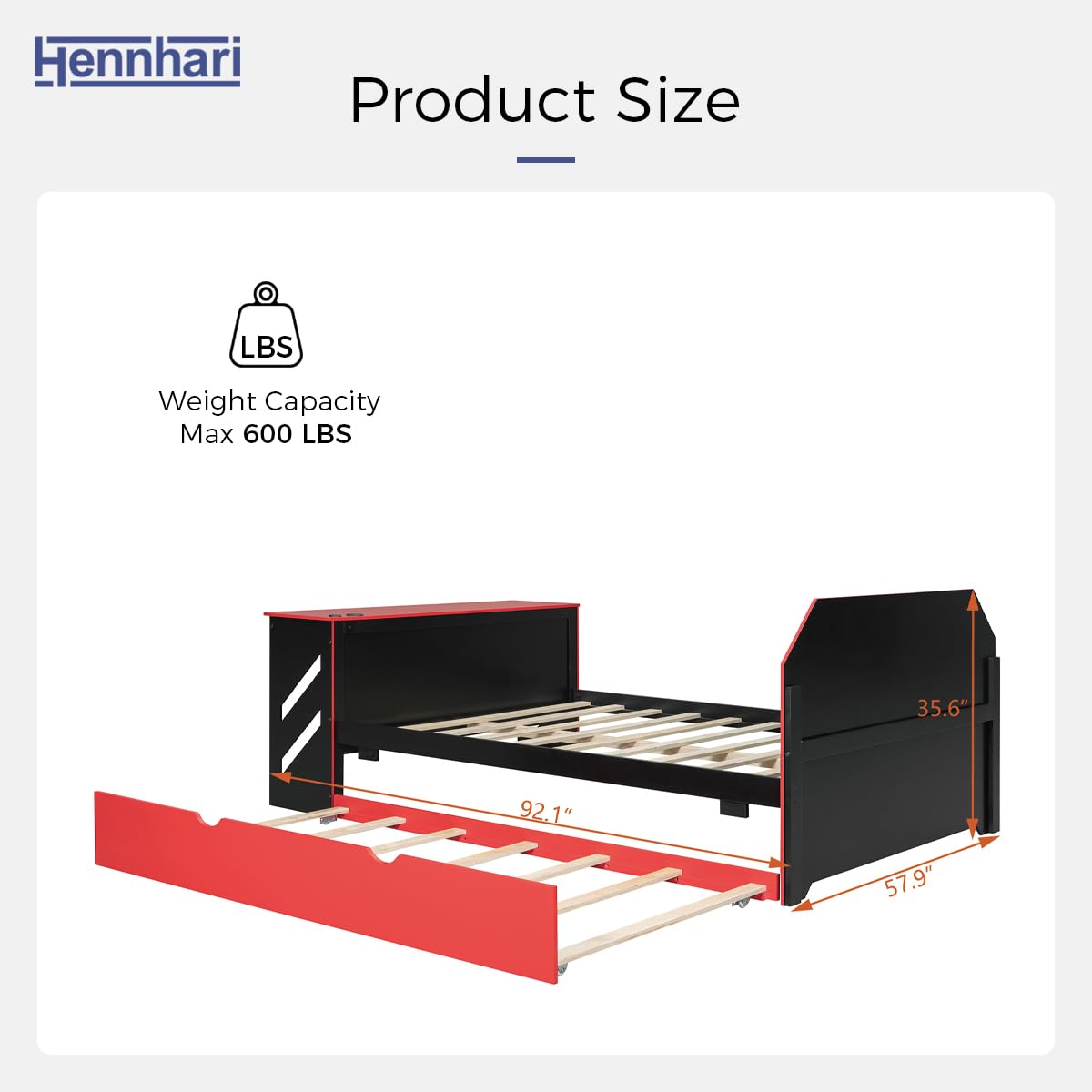 Hennhari Full Size Bed with Twin Trundle and Charging Station, Gaming Flair Wood Bed Frame with Desk and USB Charging for Bedroom or Study Rooms, No Box Spring Needed (Red) Hennhari