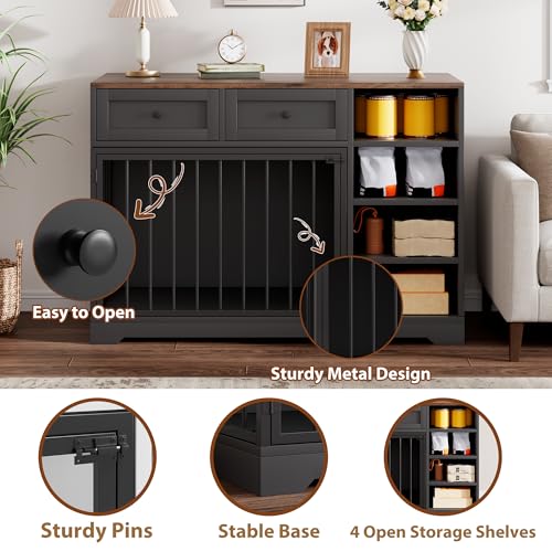 IDEALHOUSE 47” Large Dog Crate, Dog Kennel Indoor with 2 Drawers and 4 Shelves, Dog Crate Furniture TV Stand, Wooden Dog Cage for Medium Large Dogs, Black IDEALHOUSE