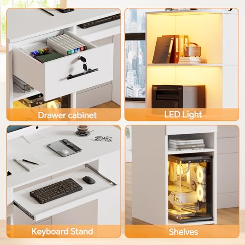 PAKASEPT Reception Desk with Counter for Retail & Checkout,Modern Reception Counter with LED Lights,Drawers,Open Shelves,Retail Counter with Storage for Countertop,Beauty Salon,Shop,Bar(White Small)