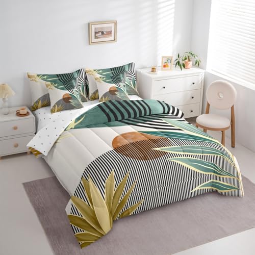 Erosebridal 7 Piece Boho Mid Century Bedding Sets Full Modern Abstract Geometric Comforter Set for Women Men,Retro Minimalist Aesthetic Bed in a Bag Line Art Sheet Set with Comforter,Green Erosebridal