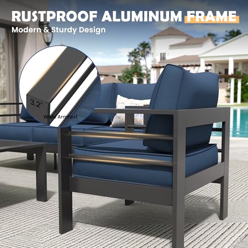Amopatio Aluminum Patio Furniture, 8 Pieces Metal Outdoor Furniture Set, Outdoor Sectional Modern Sofa Sets with Coffee Table for Pool, Garden, Dark Grey&Blue (Included Waterproof Covers) Amopatio