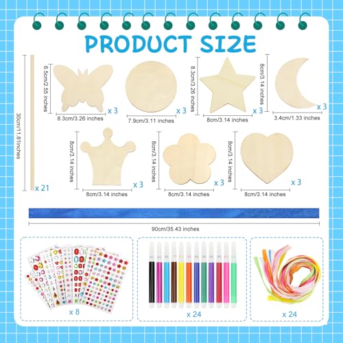 SAYAYA 77 PCS DIY Fairy Wand Craft Kit for Kids, 7 Styles Unfinished Wooden Princess Wands, 8 Gem Stickers, 12 Color Ribbons & Pen, Magical Party Supplies for Birthday Celebrations, Craft Activities SAYAYA