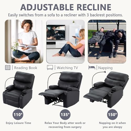Manual Recliner Chair,PU Leather Reclining Chairs with Phone Stand & Cup Holders,Overstuffed Single Sofa Recliner for Adults,Living Room Bedroom Home Theater (Black)