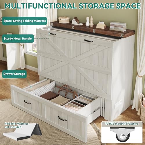 DWVO Full Size Murphy Bed with Charging Station, Cabinet Bed with Large Storage Drawer, Farmhouse Multi-Functional Murphy Cabinet Bed Frame for Bedroom or Guest Room, Noise-Free, Rustic White DWVO