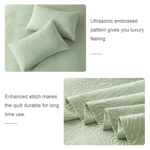 WURUIBO Twin Quilt Set Sage Green,Ultrasonic Embossed Bedspread, Lightweight Microfiber Coverlet, Modern Thin Bedding Set for All Season, 2 Piece(1 Quilt,1 Pillow Shams) WURUIBO