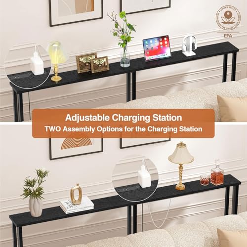Keelian 70" Narrow Console Sofa Table with Power Outlets & 2 USB Ports, Metal Frame, Black, Perfect for Hallway, Office, and Behind Sofa - Easy Assembly, 4.9' Extension Cord Included Keelian