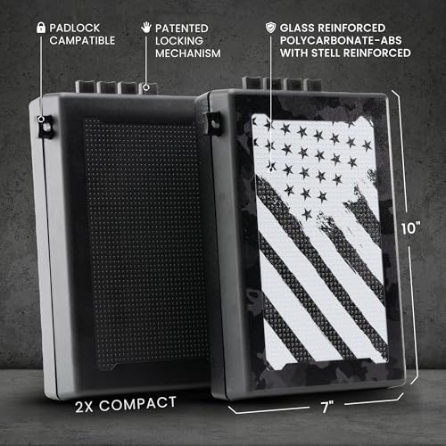 STOPBOX Gun Safe Alternative - Tactical Handgun Storage, Instant Access Portable Gun Case, TSA Compliant Gun Lock Box for Quick Handgun Access| FLAG CAMO + BLACK (2 Pack) | Compact Only STOP BOX