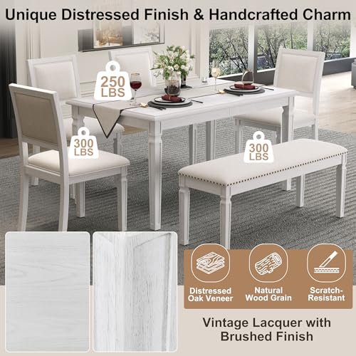 Merax Farmhouse Wooden Dining Set of 6, 72 Inch Extendable Kitchen Table, 4 Chairs w/Backrest, 2-Person Bench w/Cushion, Rustic Kitchen Table Set w/Distressed Finish & Carved Legs, Washed White Merax