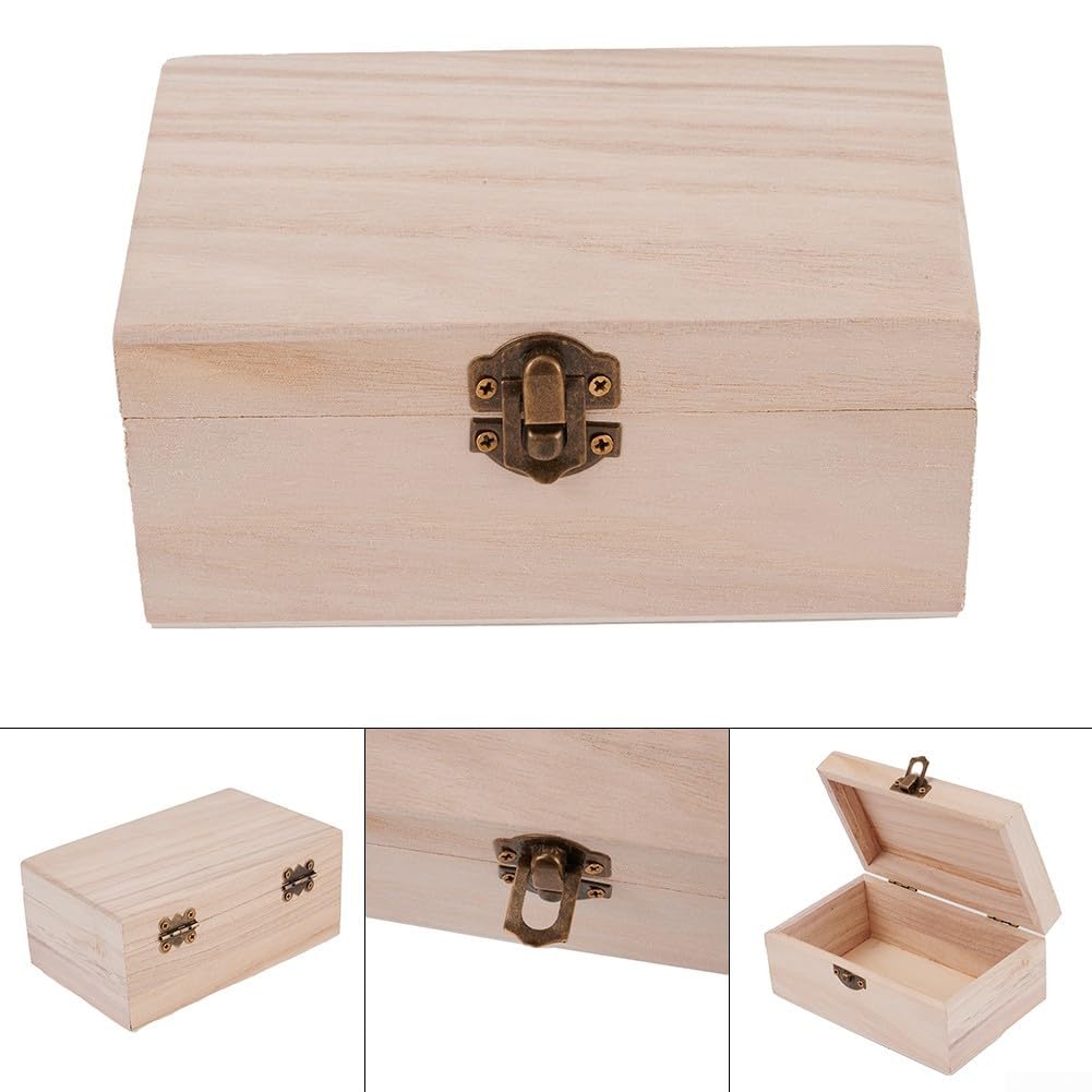 3 Sizes Unfinished Wooden Square Hinged Craft Boxes Personalize With Paint, Pale Wood Storage Box WithLatch For Jewelry And DIY Projects(M) Cloudpower