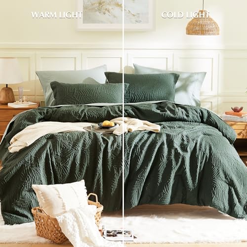 Geniospin King Size Comforter Set - 7 Pieces Dark Green Bedding Set, Botanical Textured Comforter Bed Set, All Season Lightweight Bed in a Bag with Comforter, Sheets, Pillowcases & Shams Geniospin