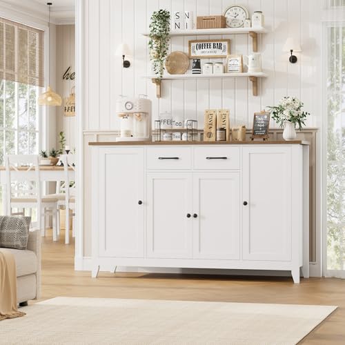 HORSTORS 55" Buffet Cabinet with Storage, Kitchen Buffet Sideboard with Drawers, Large Storage Cabinet with Doors and Shelves, Modern Farmhouse Coffee Bar for Kitchen, Dining Room, Living Room, White HORSTORS