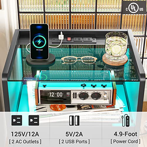 VIAGDO Nightstand with Charging Station and LED Lights, Black Night Stand with Glass Top and Storage Drawers, End Side Tables with Pull-Out Tray and USB Ports, Modern Bedside Tables for Bedroom VIAGDO