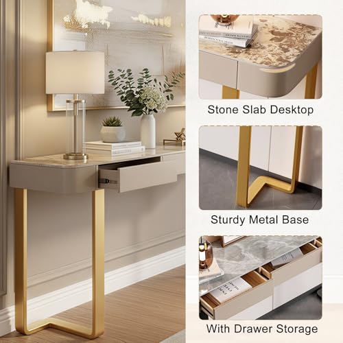 MISXEOE Modern Console Table with Storage Drawers Stone Slab Top, Rectangle Narrow Sofa Table Behind Couch Entryway Cabinet for Living Room, Hallway, Foyer(Gold,31.5"x13.7"x33.4") MISXEOE