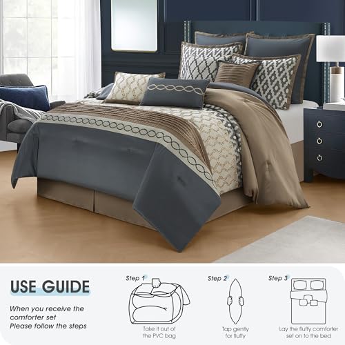 LANCO MODERN LIFESTYLE King Size Comforter Set, Grey Brown, 10 Piece Bed in a Bag for All Seasons, Luxury Extreme Comfort Bedding Sets with Bedskirt, Pillow Shams, Euro Shams and Decor Pillows LANCO MODERN LIFESTYLE