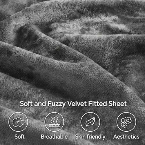 BEDELITE Velvet Fitted Sheet and Pillowcases Set, Luxury Soft Fuzzy Bottom Sheet with Reinforced Elastic Corner Straps, Deep Pocket up to 15 Inch, 1 Fitted Sheet and 2 Pillowcases (Full, Grey) BEDELITE
