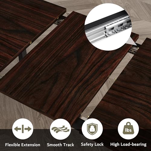iPormis 5-Piece Dining Table Set for 4-8 People, Extendable Kitchen Table Set with 2 Benches and 2 Square Stools, Mid-Century Dining Room Table with Metal Frame & MDF Board, Saving Space, Espresso iPormis