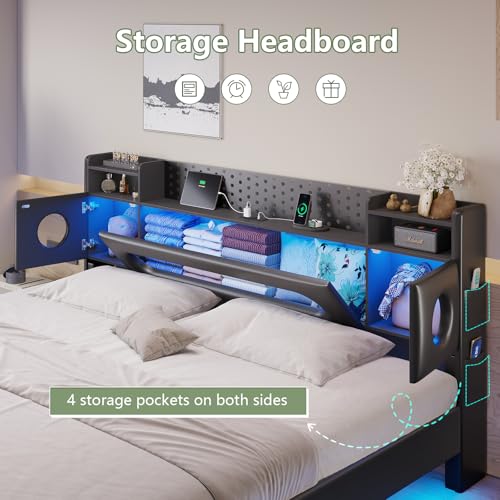 Dnxao California King Bed Frames with Hidden Storage Headboard, Modern Floating Bed Frame with LED Lights & Charging Station (USB-C), Recessed Non-Slip Platform Bed No Box Spring Needed, PU Black Dnxao