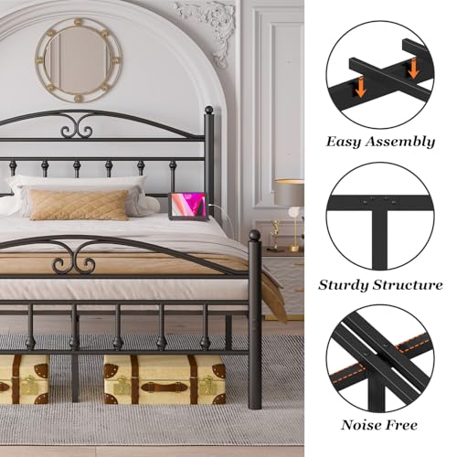 Samurbex Queen Bed Frame with Headboard,Black Metal Platform Bed Frame Queen Size with LED Lights & Charging Station,Heavy Duty Metal Steel Slats,No Box Spring Needed,Noise Free,Easy to Assemble Samurbex